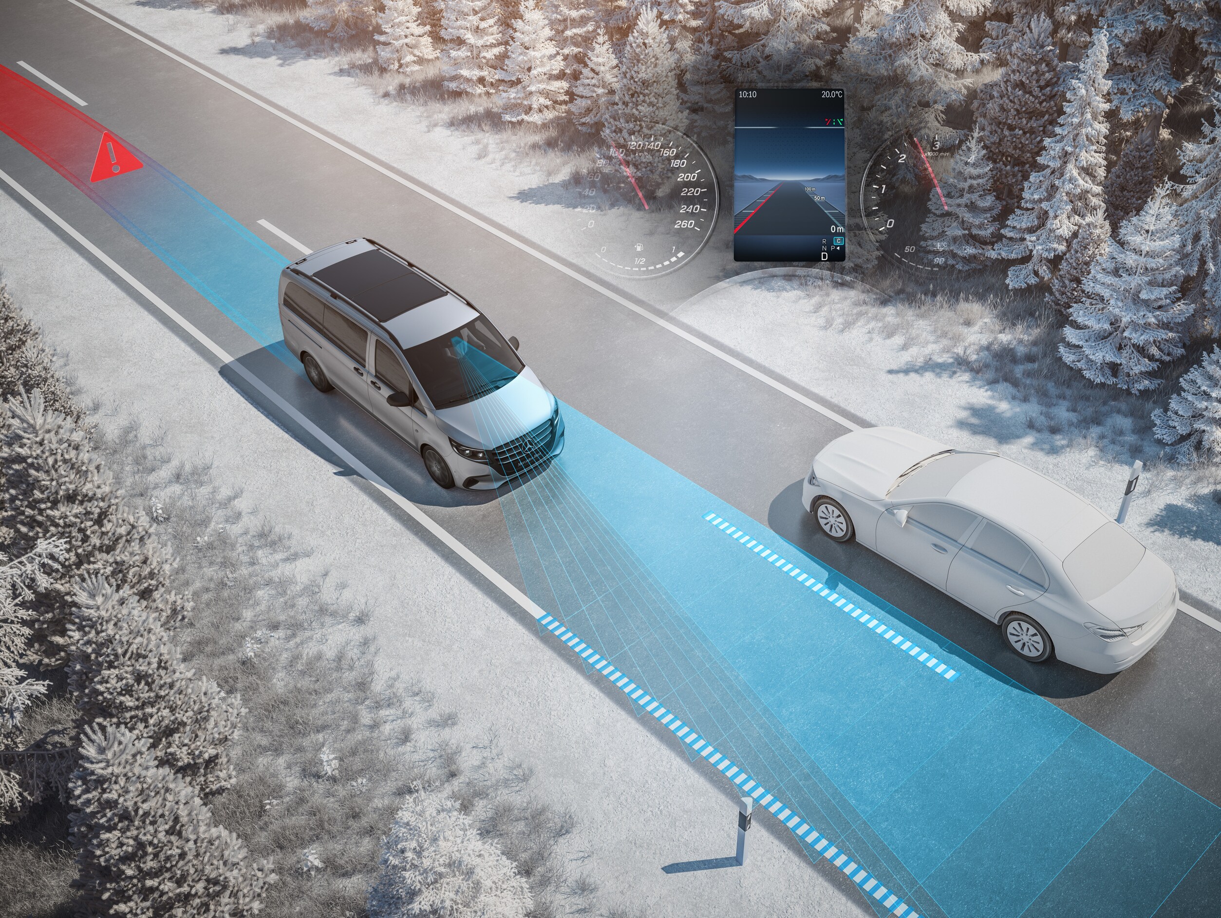 Representação do Assistente Ativo de Faixa de Rodagem para os modelos Mercedes-Benz Vito.