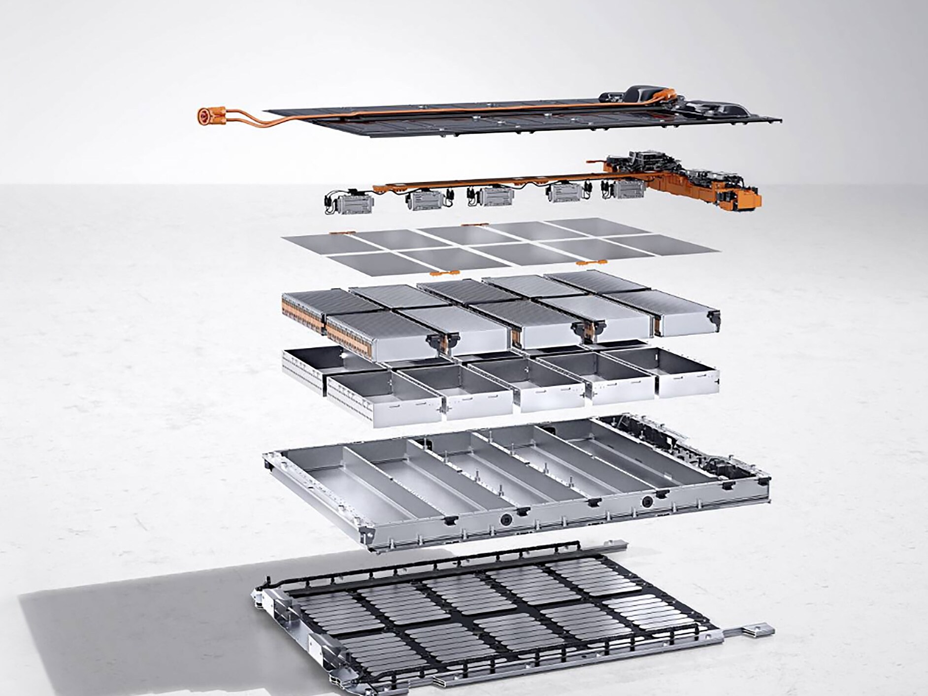 Impressão artística de uma bateria de alta tensão desconstruída, empilhada verticalmente em camadas.