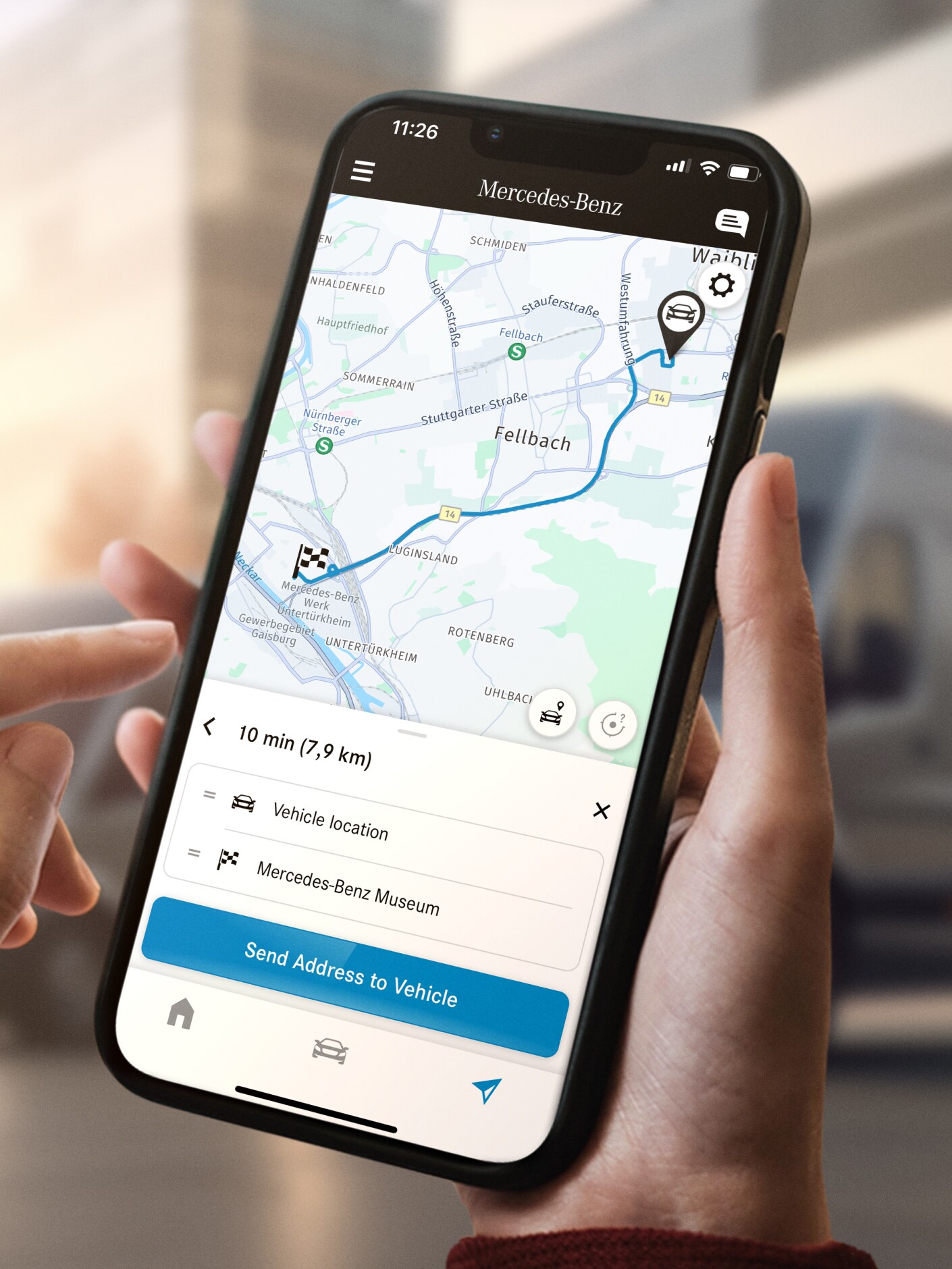 A função Send2Car da Mercedes-Benz num smartphone.
