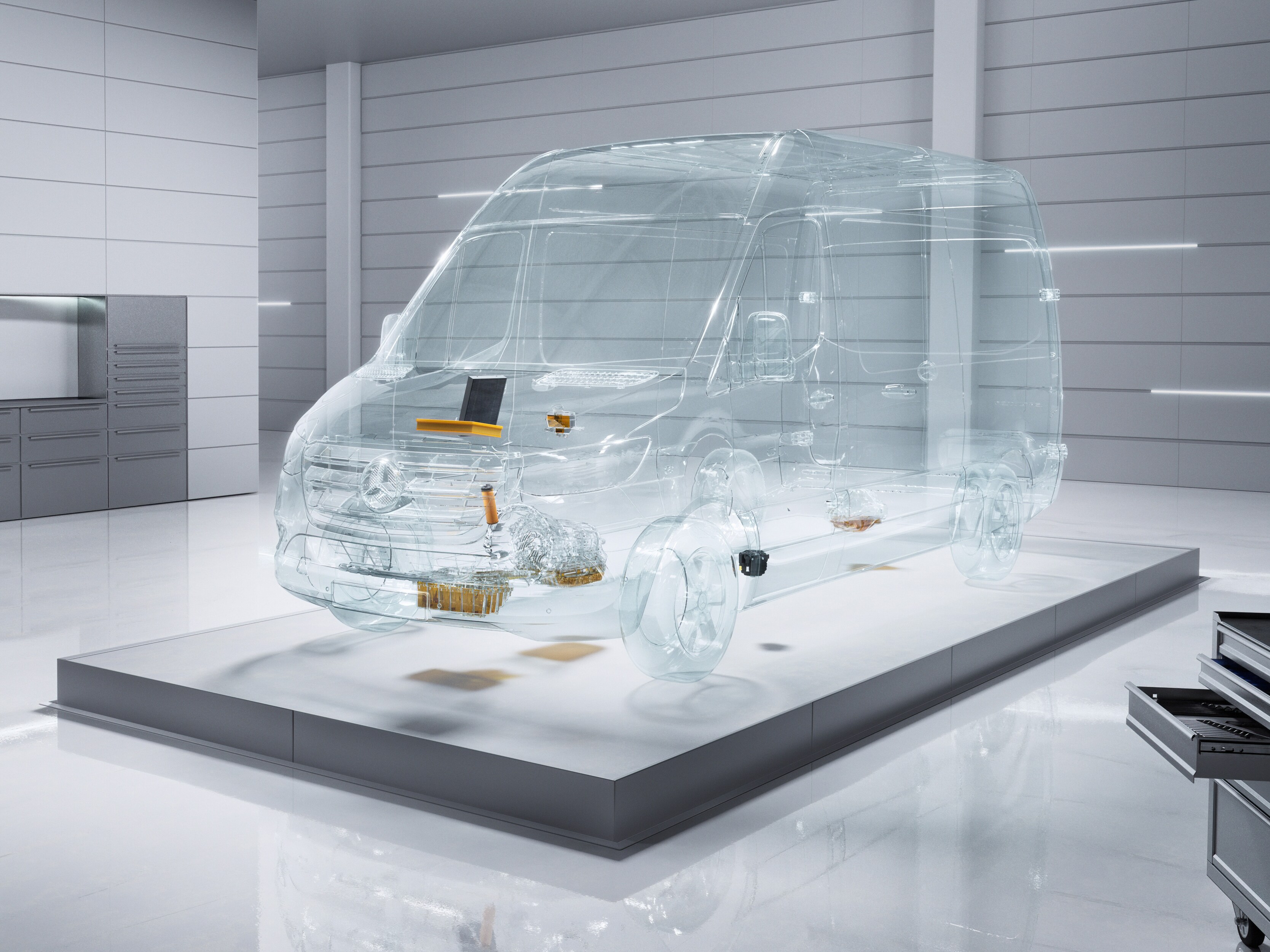 Um veículo comercial ligeiro Mercedes-Benz Sprinter virtual transparente numa oficina.