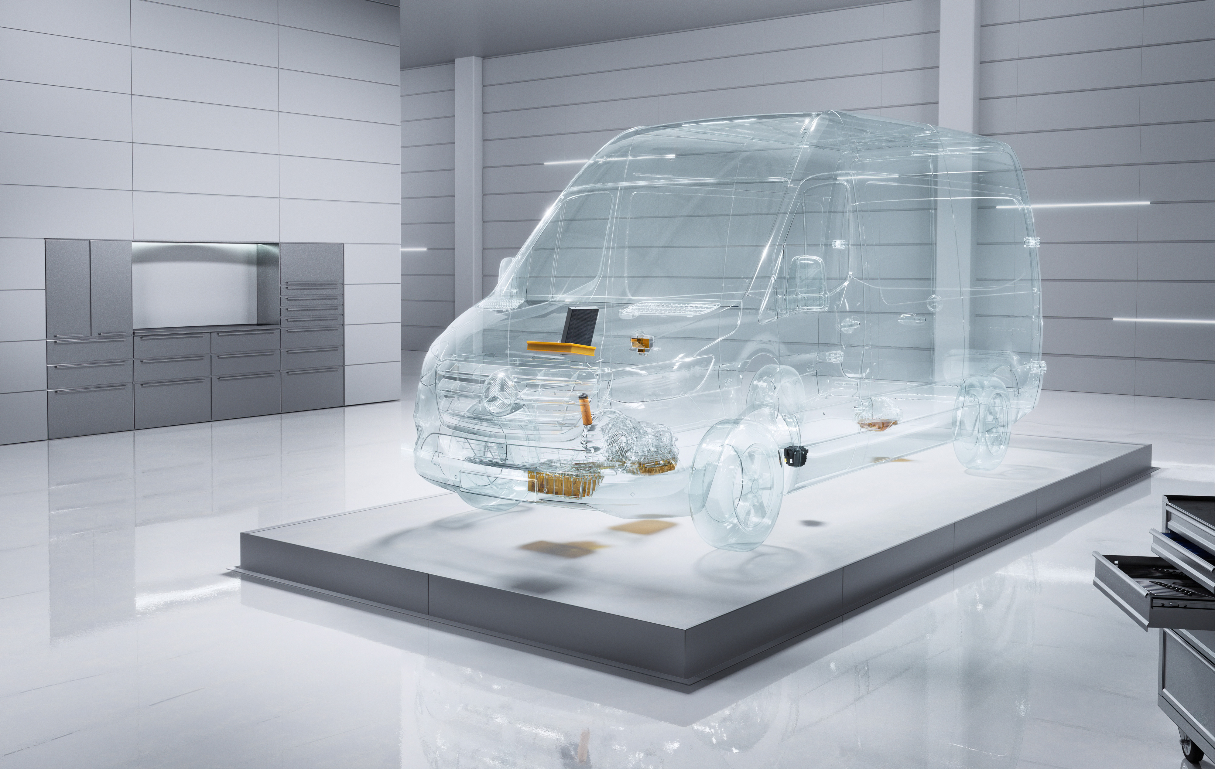 Mercedes-Benz | ServiceCare veículos comerciais ligeiros | Manutenção otimizada Um veículo comercial ligeiro Mercedes-Benz Sprinter virtual transparente numa oficina.