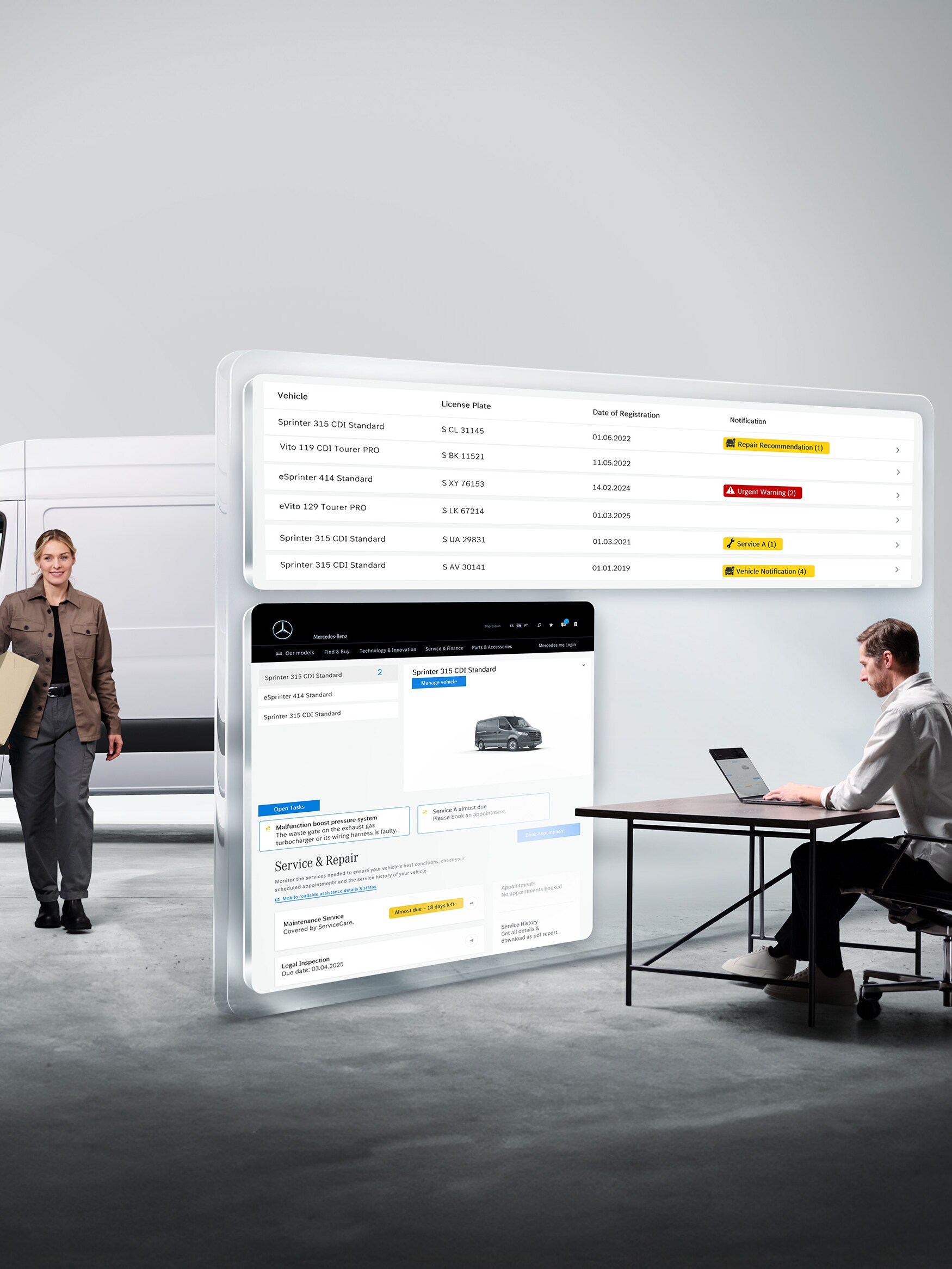 Diagnóstico digital Mercedes-Benz: homem num portátil, mulher junto a um veículo comercial ligeiro, com exibição de dados de diagnóstico virtual.