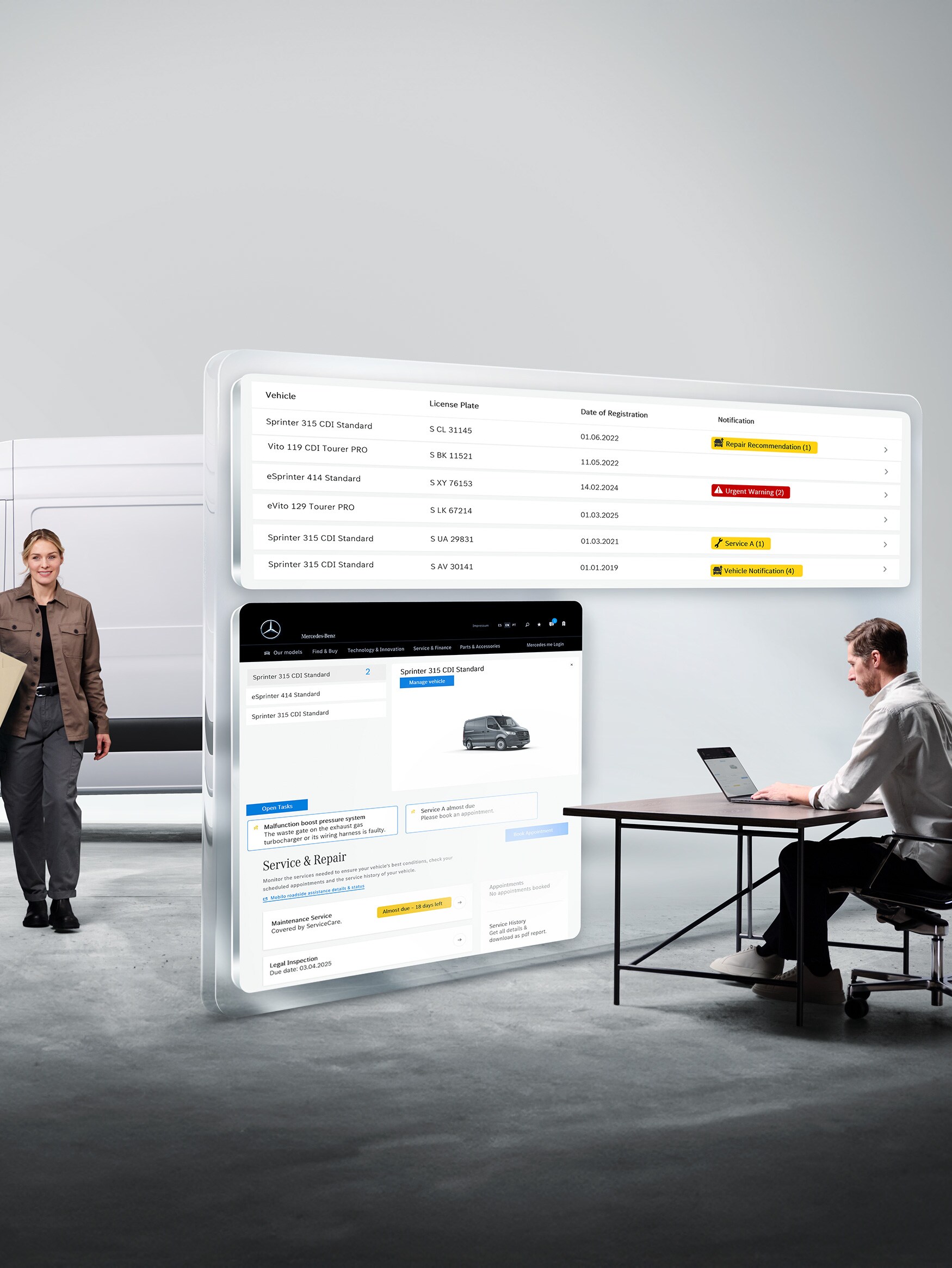 Homem a monitorizar a frota de veículos comerciais ligeiros num portátil, Mercedes-Benz Van Uptime Monitor para disponibilidade máxima.