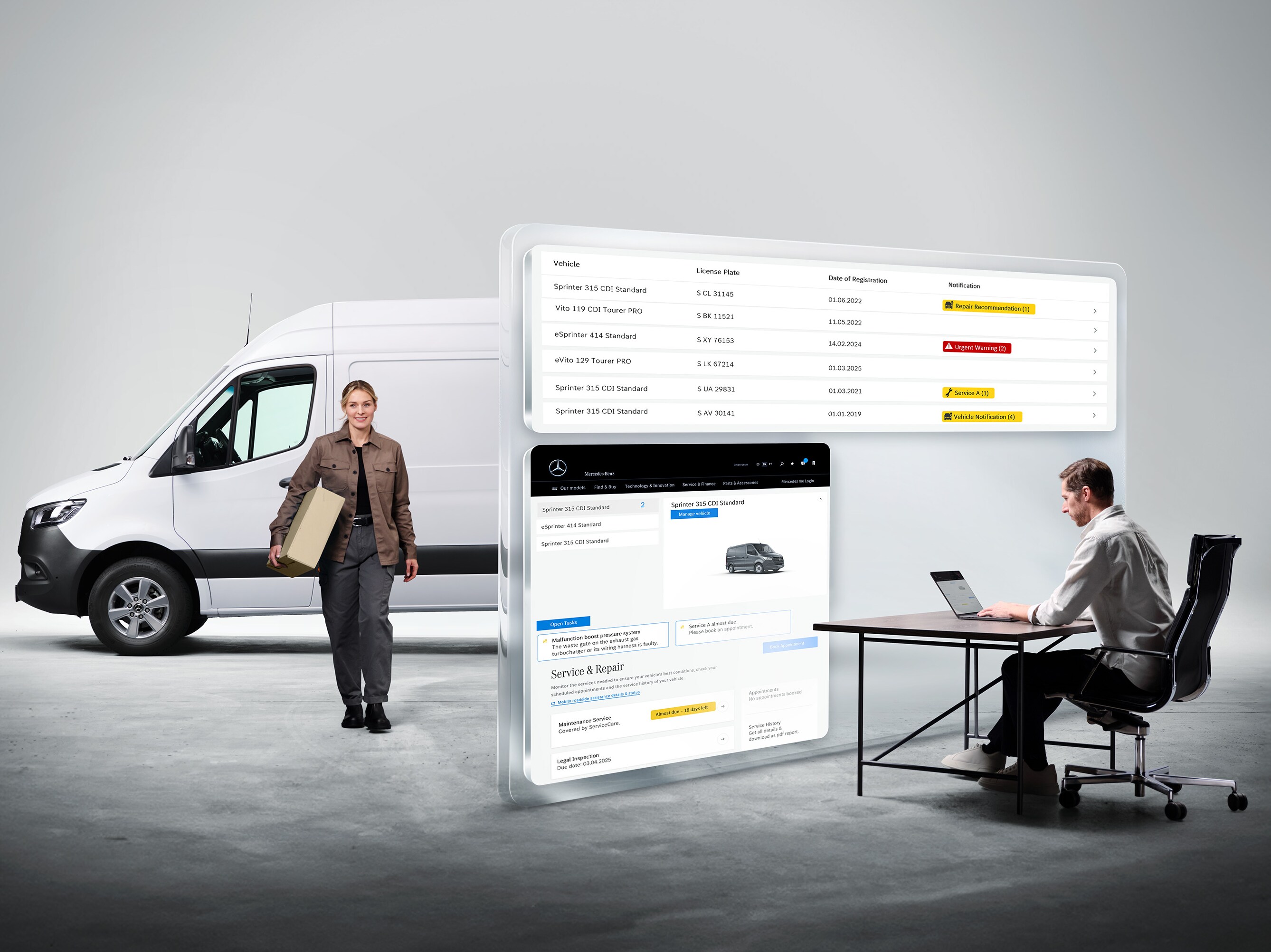 Diagnóstico digital Mercedes-Benz: homem num portátil, mulher junto a um veículo comercial ligeiro, com exibição de dados de diagnóstico virtual.