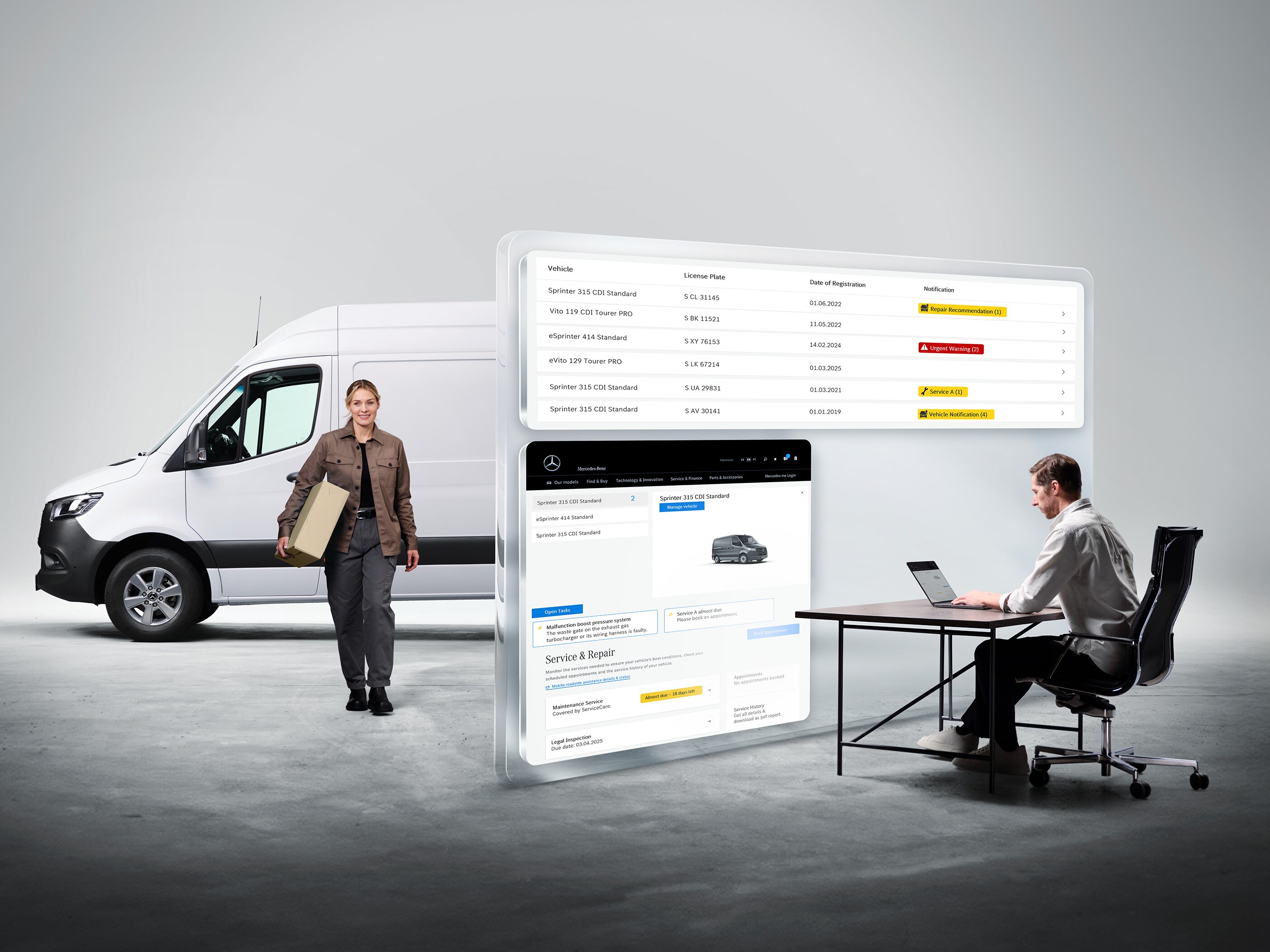 Homem a monitorizar a frota de veículos comerciais ligeiros num portátil, Mercedes-Benz Van Uptime Monitor para disponibilidade máxima.